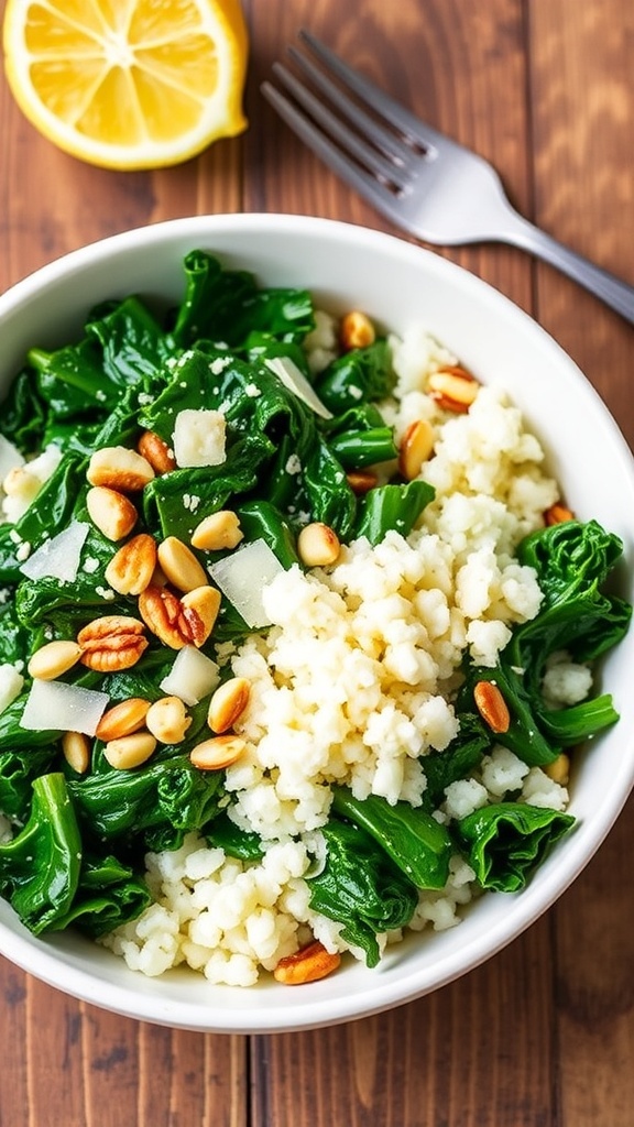 A colorful kale and rice bowl garnished with Parmesan cheese and nuts on a rustic table.